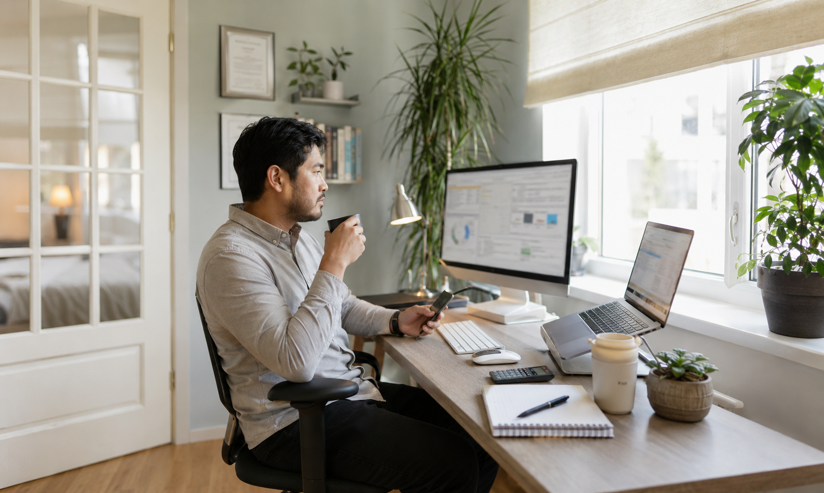 Man working at desk with computer monitor and laptop, drinking coffee, in a home office with plants and windows.