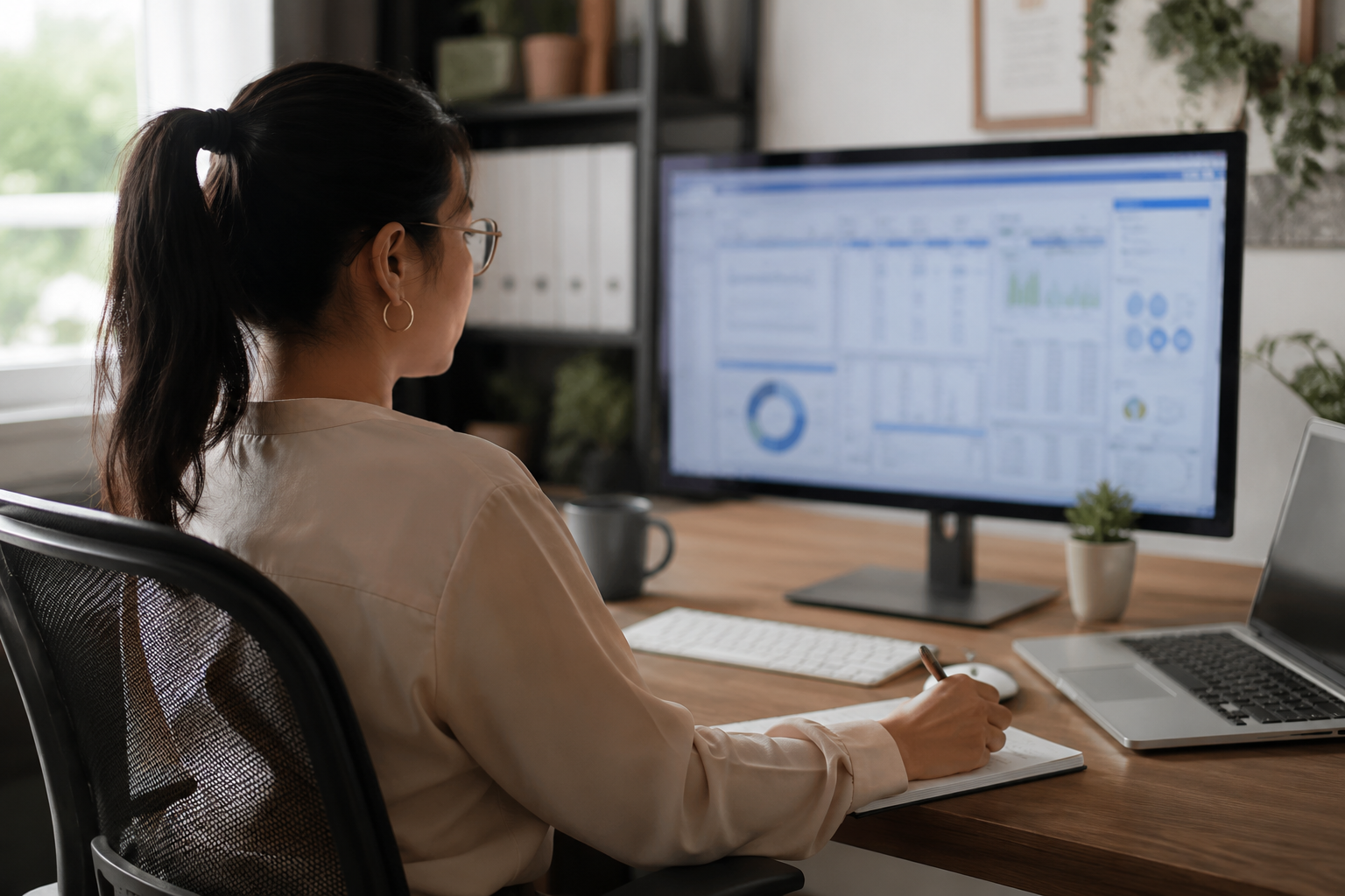 A woman with dark hair in a ponytail, wearing glasses and earrings, working at a wooden desk in an office, looking at a large computer monitor displaying charts and data, with a laptop, a notepad, and a cup nearby.