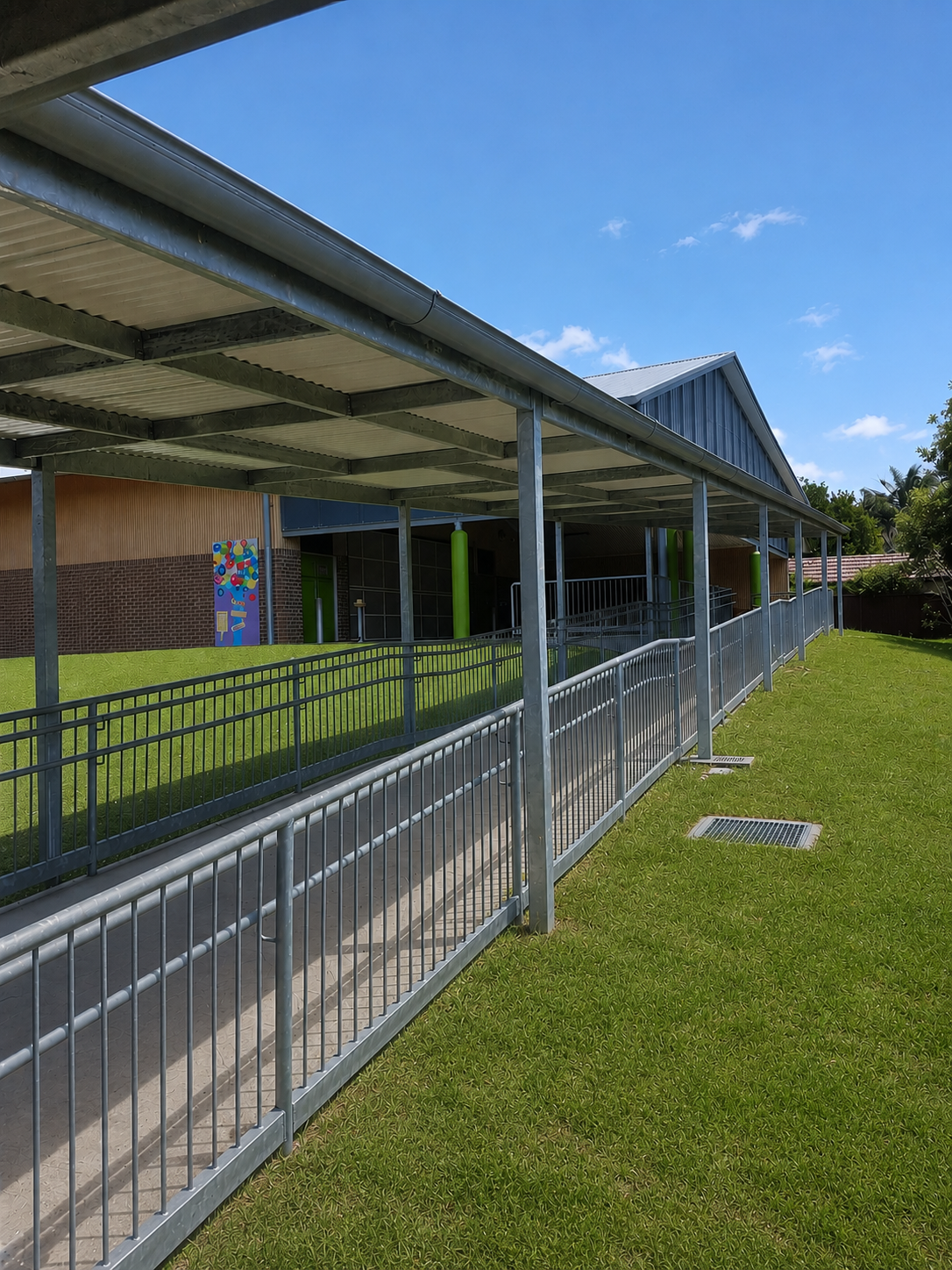 Exterior of a modern building with a covered walkway, grassy area, and a colorful mural on the wall.