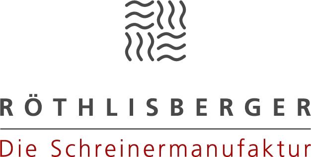 Logo der Rothlisberger Schreinermanufaktur, mit stilisierten Holzfurnieren und Schriftzug.