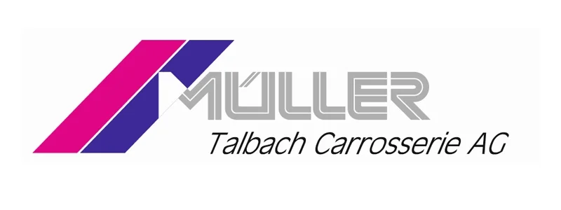 Logo der Firma Müller Talbach Carrosserie AG mit pink, lila und silbernen Design-Elementen.
