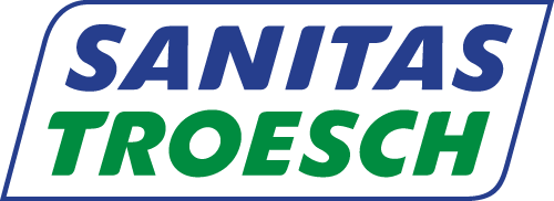 Logo mit den Worten 'Sanitas Troesch' in blau und grün auf schwarzem Hintergrund.