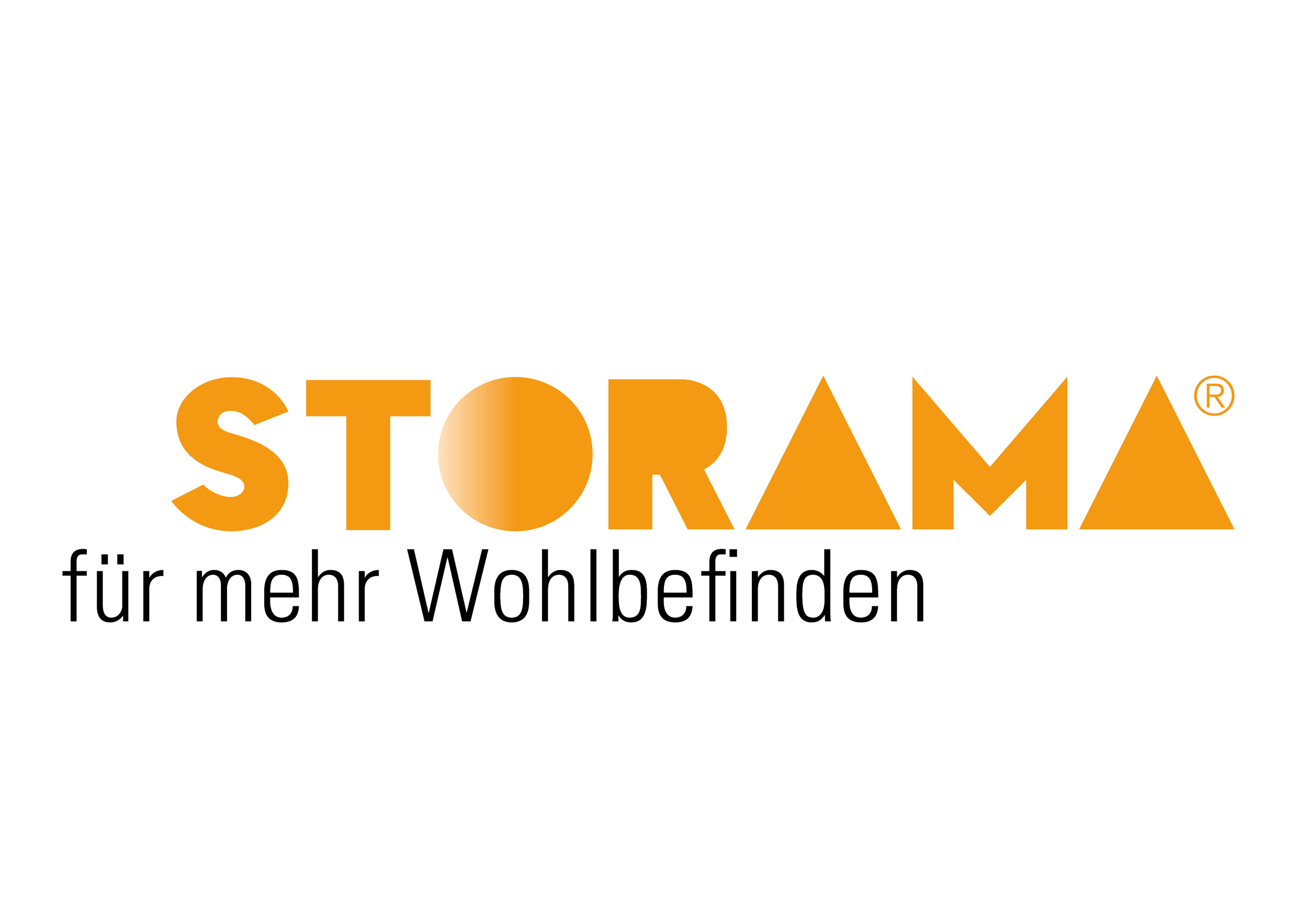 Logo mit der schwarzen Überschrift 'STORAMA' in orange Buchstaben, darunter der Text 'für mehr Wohlbefinden' in schwarzer Schrift auf schwarzem Hintergrund.