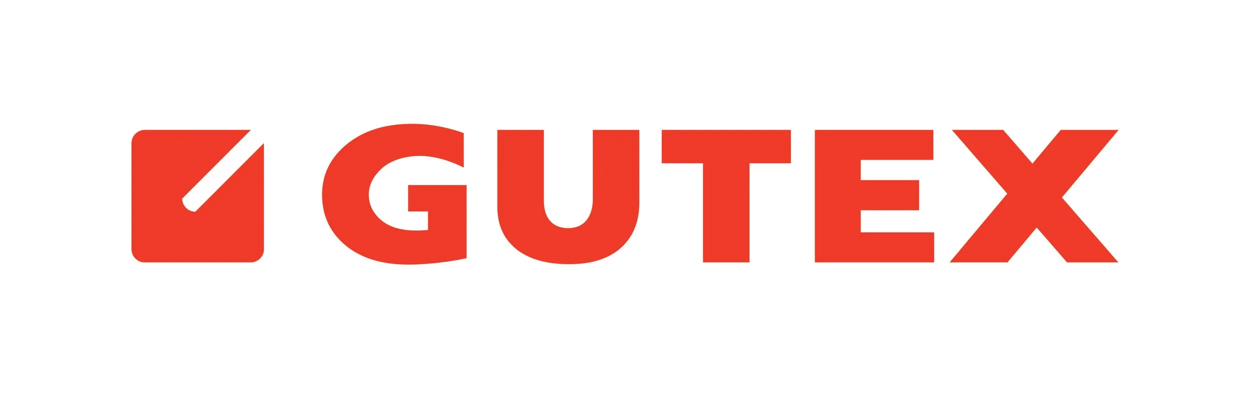 Das Logo von GUTEX, bestehend aus einem roten Quadrat mit weißem diagonalem Strich und dem Schriftzug GUTEX in roten Buchstaben.