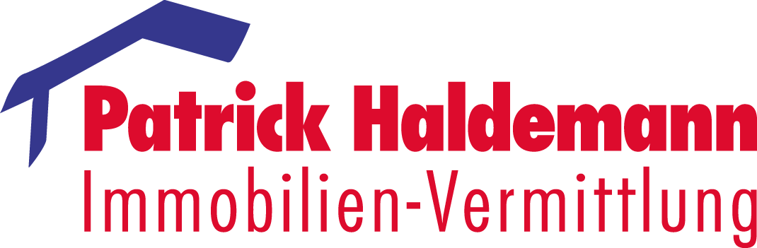 Logo mit blauer Haus-Ikone und roten Texten "Patrick Haldemann Immobilien-Vermittlung"