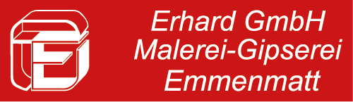 Firmenlogo und Text auf rotem Hintergrund, mit dem Namen Erhard GmbH Malerei-Gipserei Emmenmatt.
