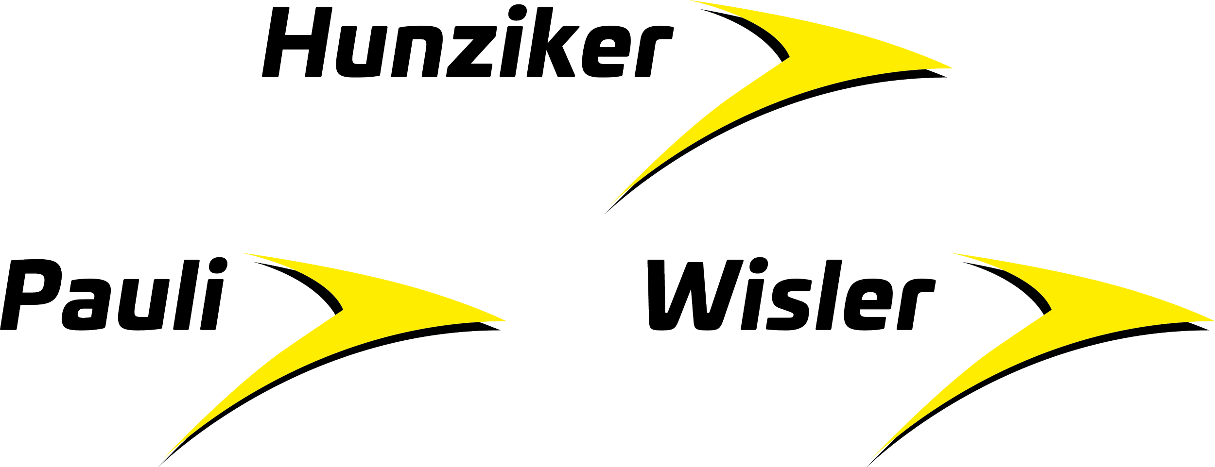 Logo mit den Namen 'Hunziker', 'Pauli', 'Wisler', jeweils in schwarzen Buchstaben, mit gelben Pfeilen, die nach rechts zeigen.