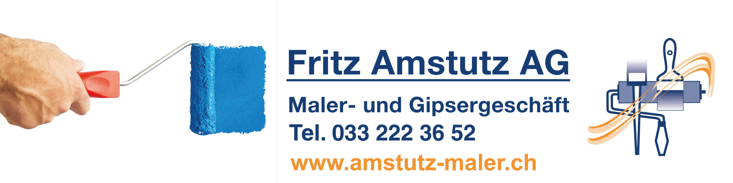 Grafik einer Hand, die einen Farbrolle hält, daneben Text und ein einfaches Symbol eines Malers mit Pinsel und Farbrolle.