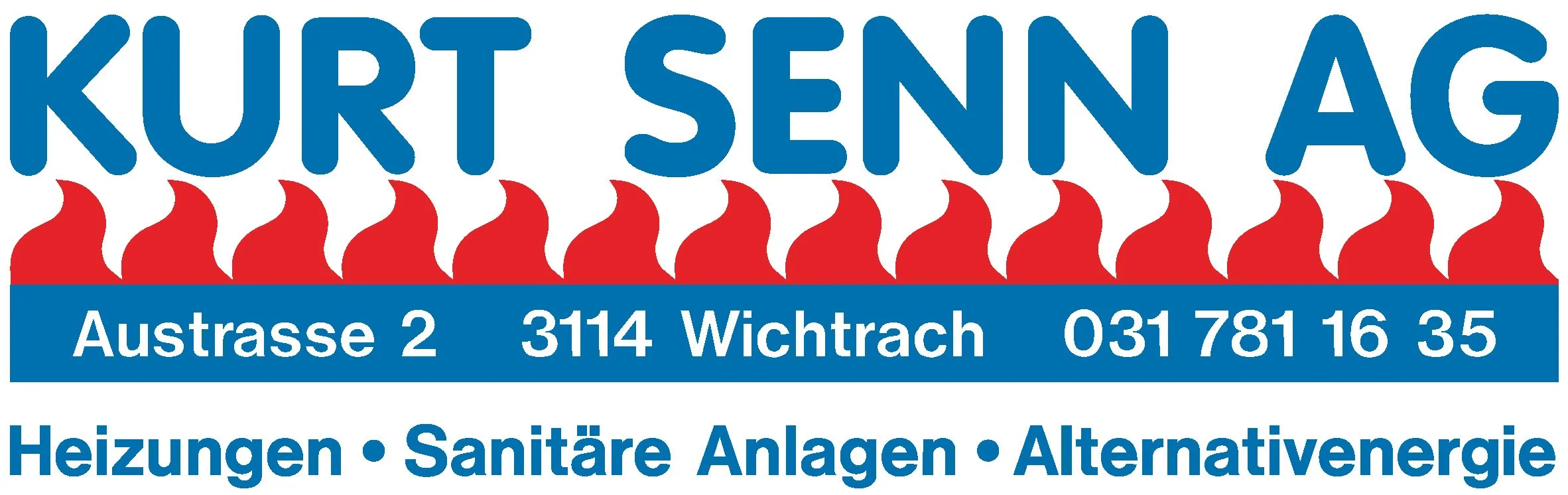 Werbung für die Firma Kurt Senn AG mit blauer Schrift, rote Flammen und Adresse in Wichtrach, Dienstleistungen für Heizungen, Sanitär, Anlagen und alternative Energie.