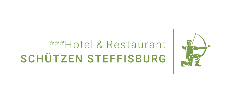 Das Logo des Hotels und Restaurants "Schützen Steffisburg", das einen Jäger mit Gewehr in grüner Farbe zeigt.