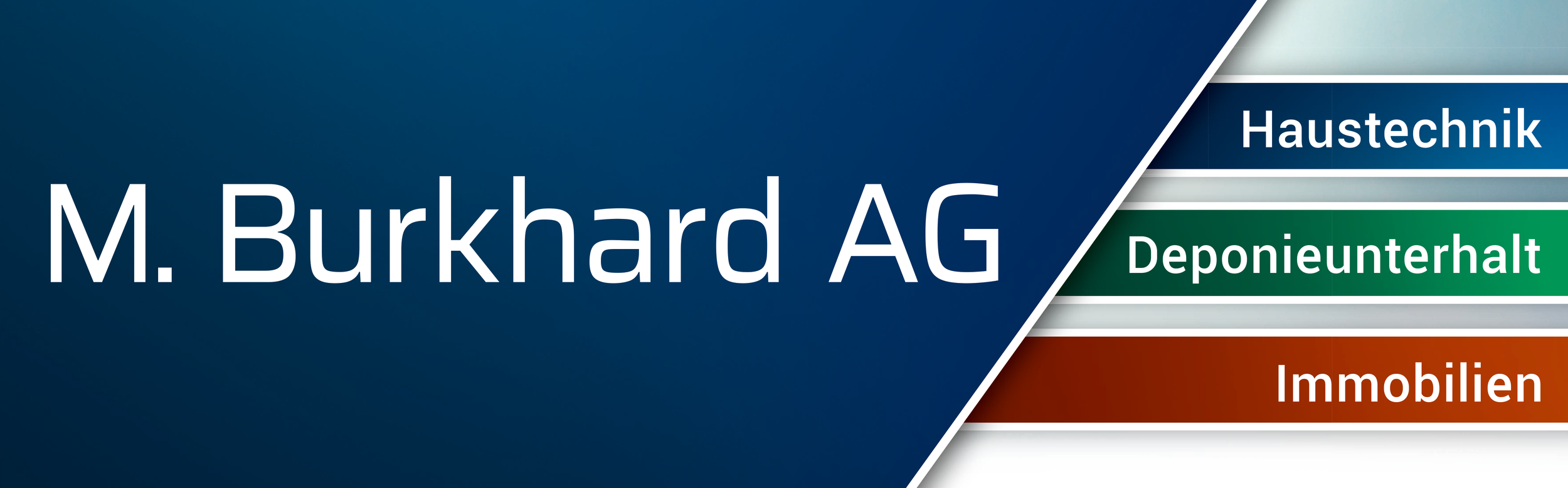 Firmenlogo mit Name 'M. Burkhard AG', daneben Kategoriebalken mit Bezeichnungen: Haustechnik, Deponieunterhalt, Immobilien.