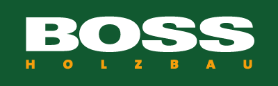 Logo mit weißem Schriftzug 'BOSS' und orangefarbener Unterzeile 'HOLZBAU' auf grünem Hintergrund.