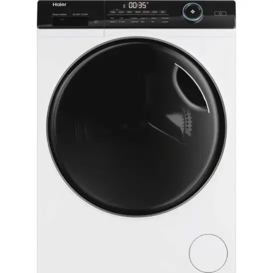 Front view of a Haier washing machine with a black circular door and digital display panel.