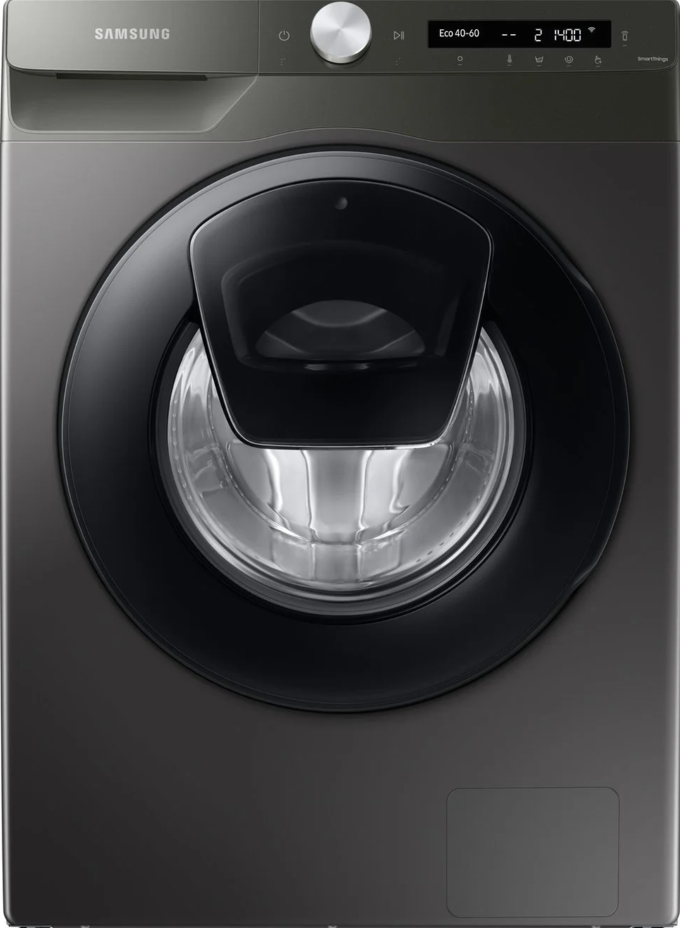 A Samsung front-load washing machine with digital display and control knob.