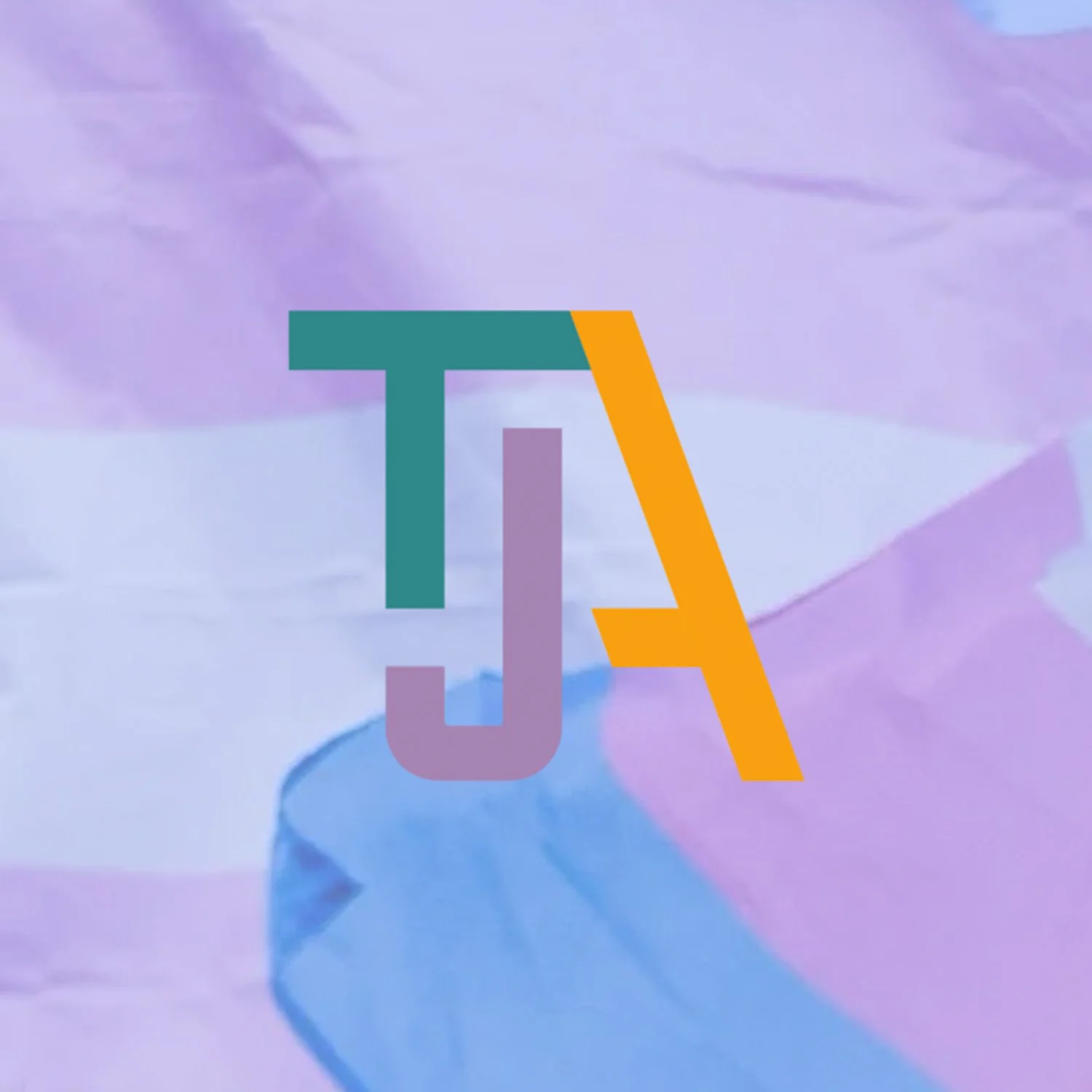An abstract design with overlapping colorful shapes and the letters J and A in different colors, against a pastel lavender background.