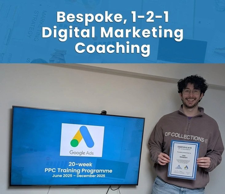 A man smiling and holding a certificate stands next to a large screen displaying the Google Ads logo and text about a 20-week PPC training program from June to December 2025.