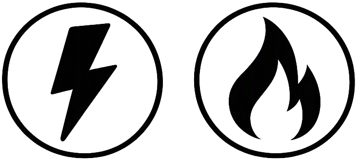 Two black icons on a white background, one with a lightning bolt symbol and the other with a flame symbol, indicating electricity and fire.