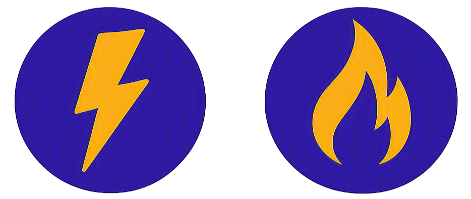 Warning symbols for electrical hazard and fire hazard on blue circles with yellow icons.