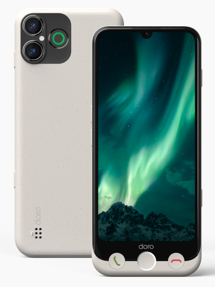 A smartphone with a dual-camera setup and a green ring around the top camera, displaying a screen with the northern lights in the sky over mountains.