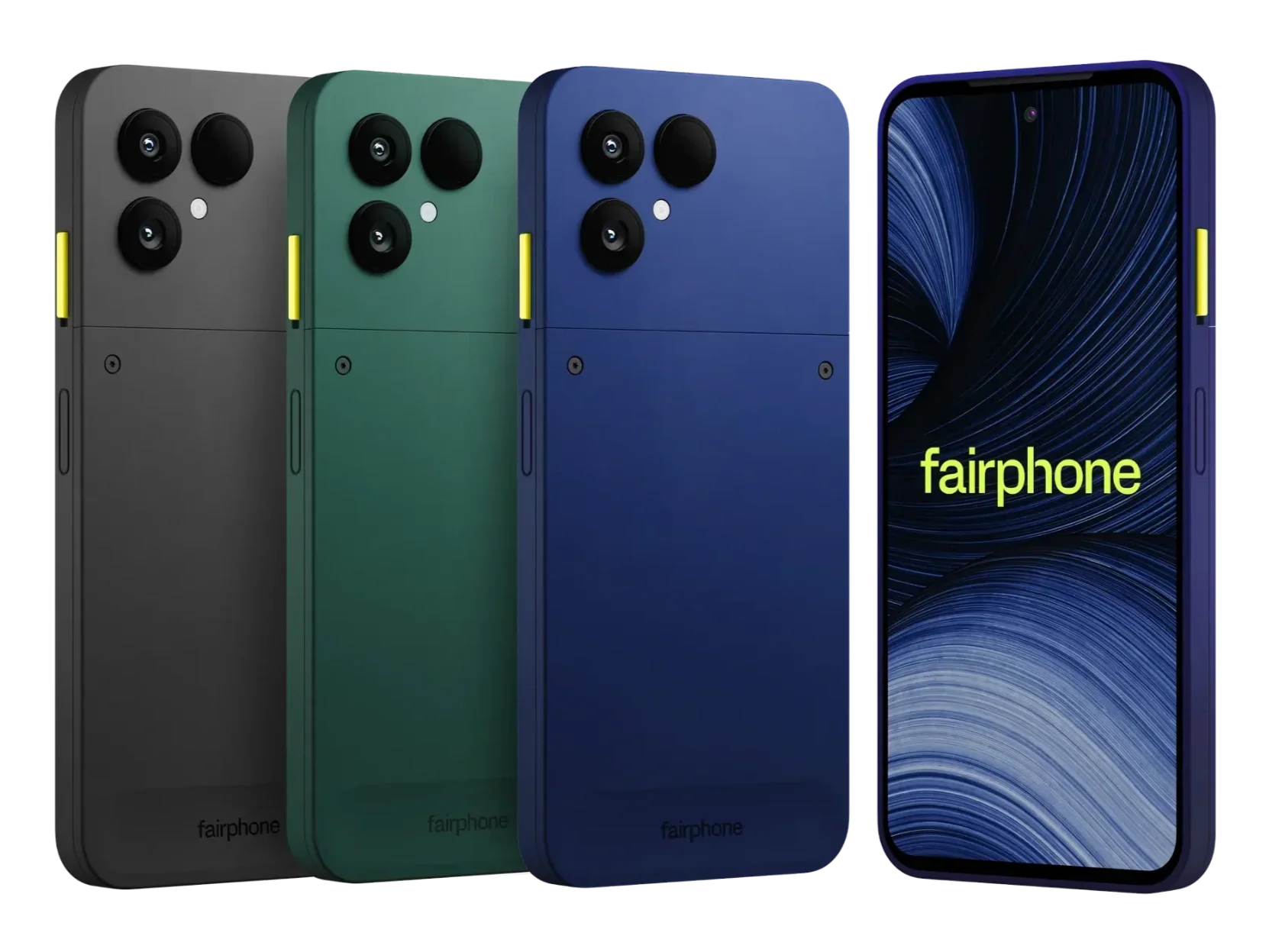 Four smartphones in different colors arranged in a row, with the rightmost phone showing the screen with the text "fairphone".