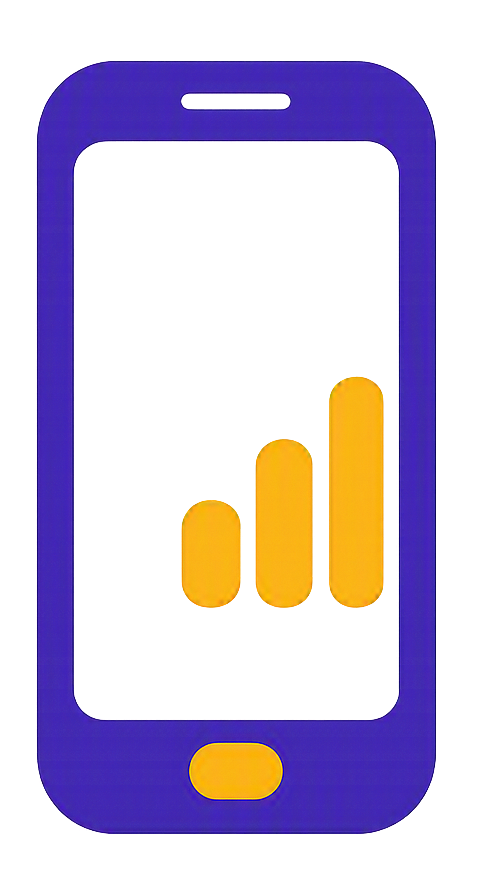 A smartphone with a bar chart on the screen, showing increase from left to right.