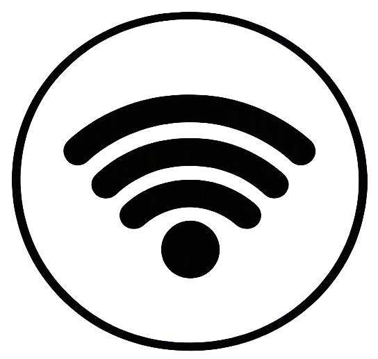 Wi-Fi signal icon with a circular outline and three curved bars inside.