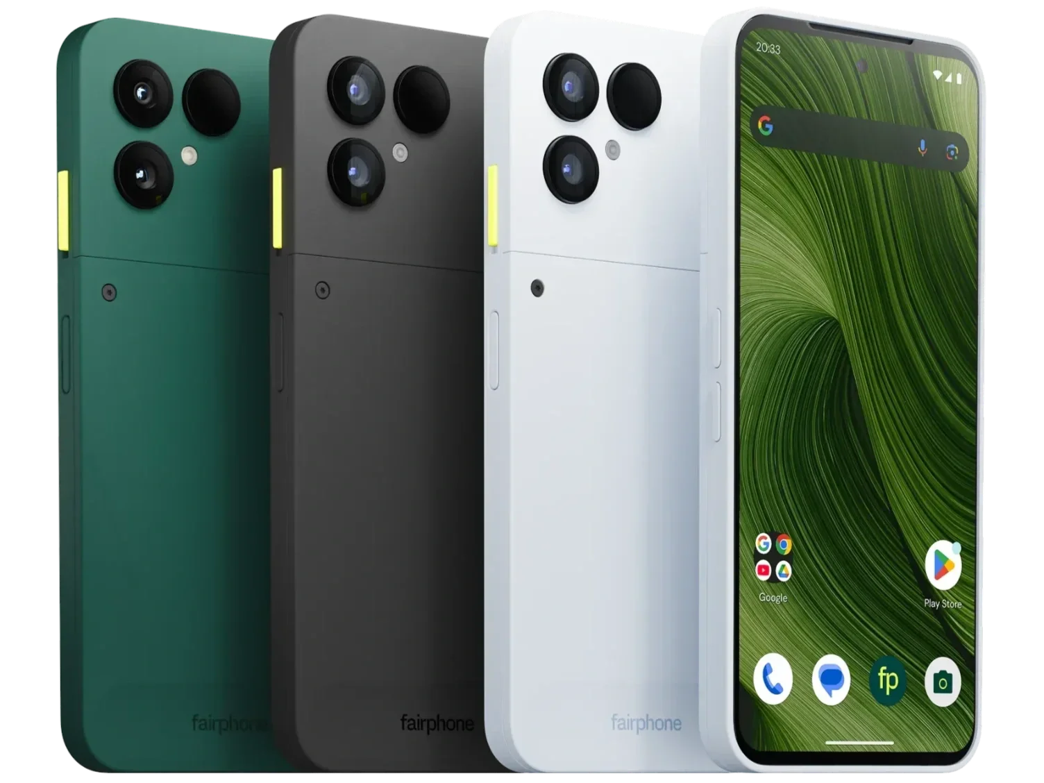 Four smartphones in different colors (green, black, white, and gray) with large camera bumps on the back and a front display showing a green abstract wallpaper, Google search bar, and app icons.