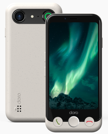 A flip phone with a small screen displaying the northern lights over mountains, and a rear camera with a flash.
