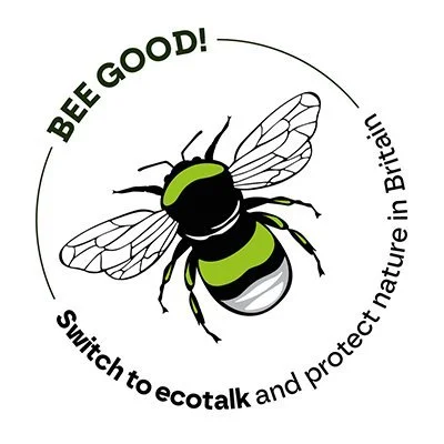 Illustration of a bee with black and yellow stripes, transparent wings, and six legs, surrounded by eco-friendly messages to promote protecting nature in Britain.