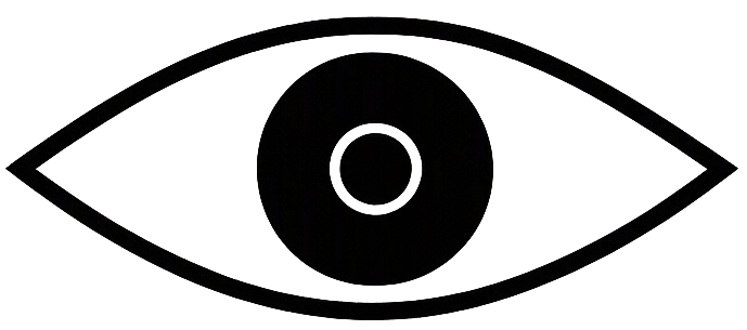 Minimalist black and white illustration of an eye with concentric circles in the center.