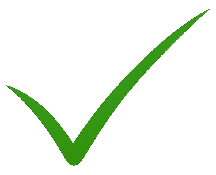 A large green check mark overlapping a green downward arrow, with a blue and gray rectangular bar underneath.