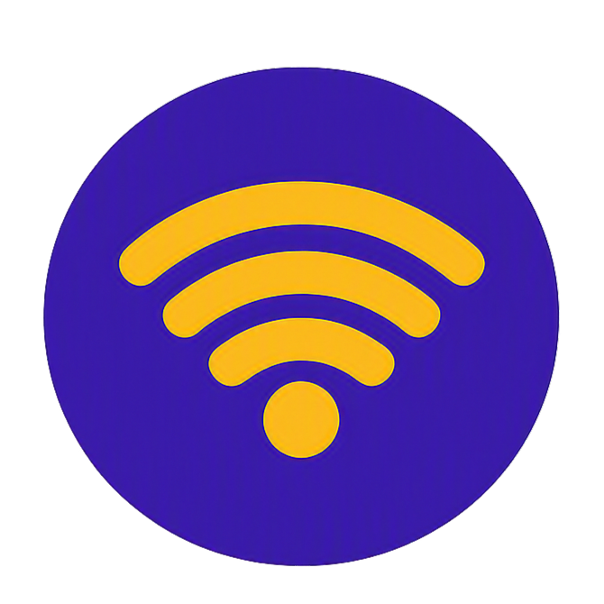 Wi-Fi signal icon with yellow signal bars on a blue circular background.