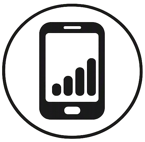 Icon of a smartphone with a bar chart on the screen, inside a circular border.