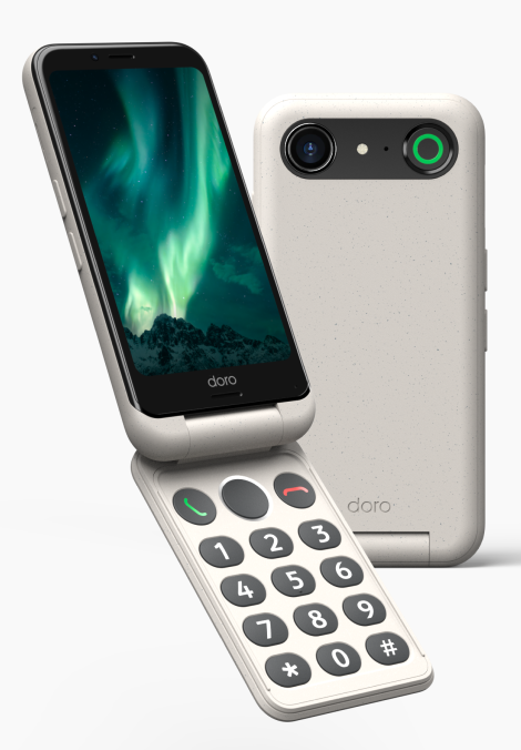 A flip phone with a large screen displaying a northern lights scene, shown partially open with the keypad visible, and a rear camera on a white back panel.