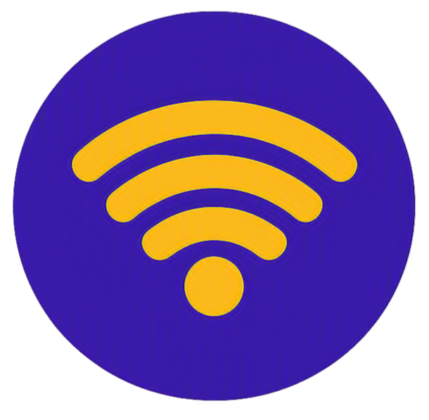 Wi-Fi signal icon with yellow bars on a purple circular background.