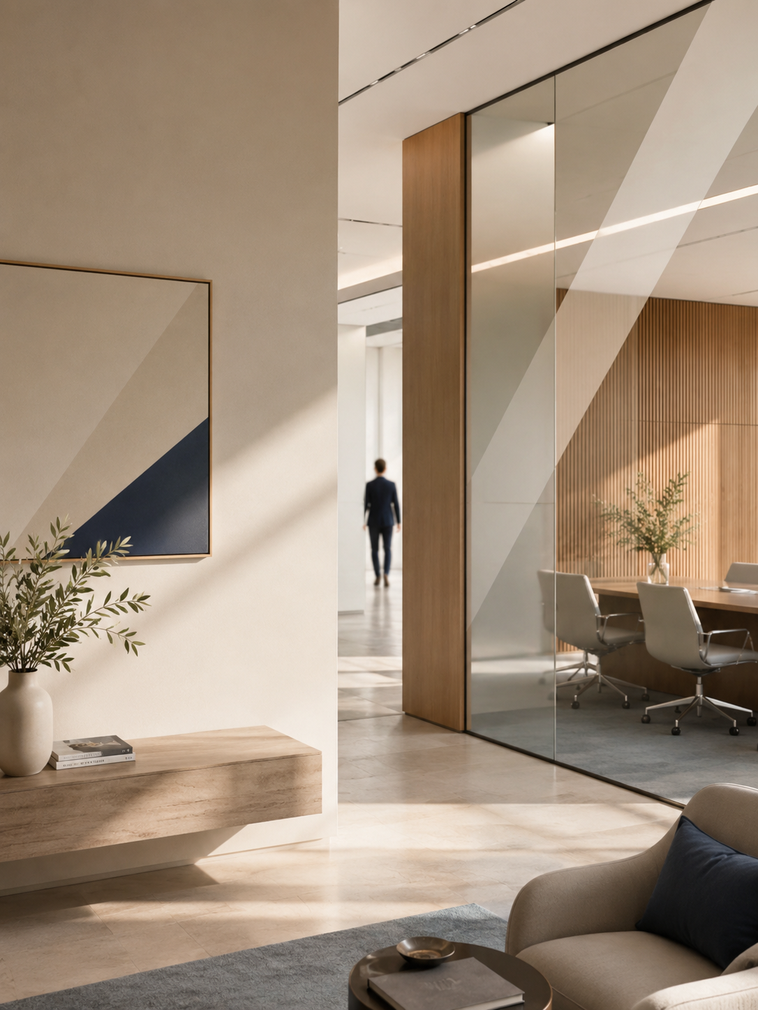 Modernes Büro mit Glaswänden, einem Konferenztisch, Stühlen, Pflanzen und einem Gemälde an der Wand.