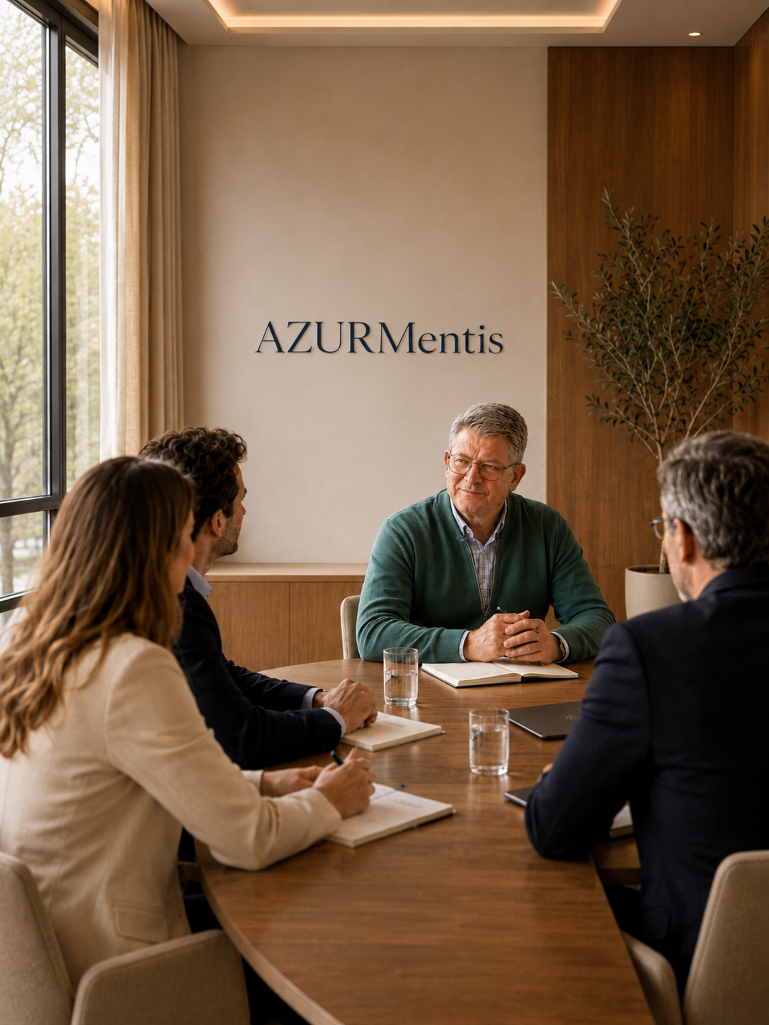 Geschäftstreffen in einem Besprechungsraum mit vier Personen, die um einen runden Tisch sitzen, ein Mann spricht und alle Notizbücher und Gläser mit Wasser haben, im Hintergrund die Wand mit der Aufschrift "AZURMentis".