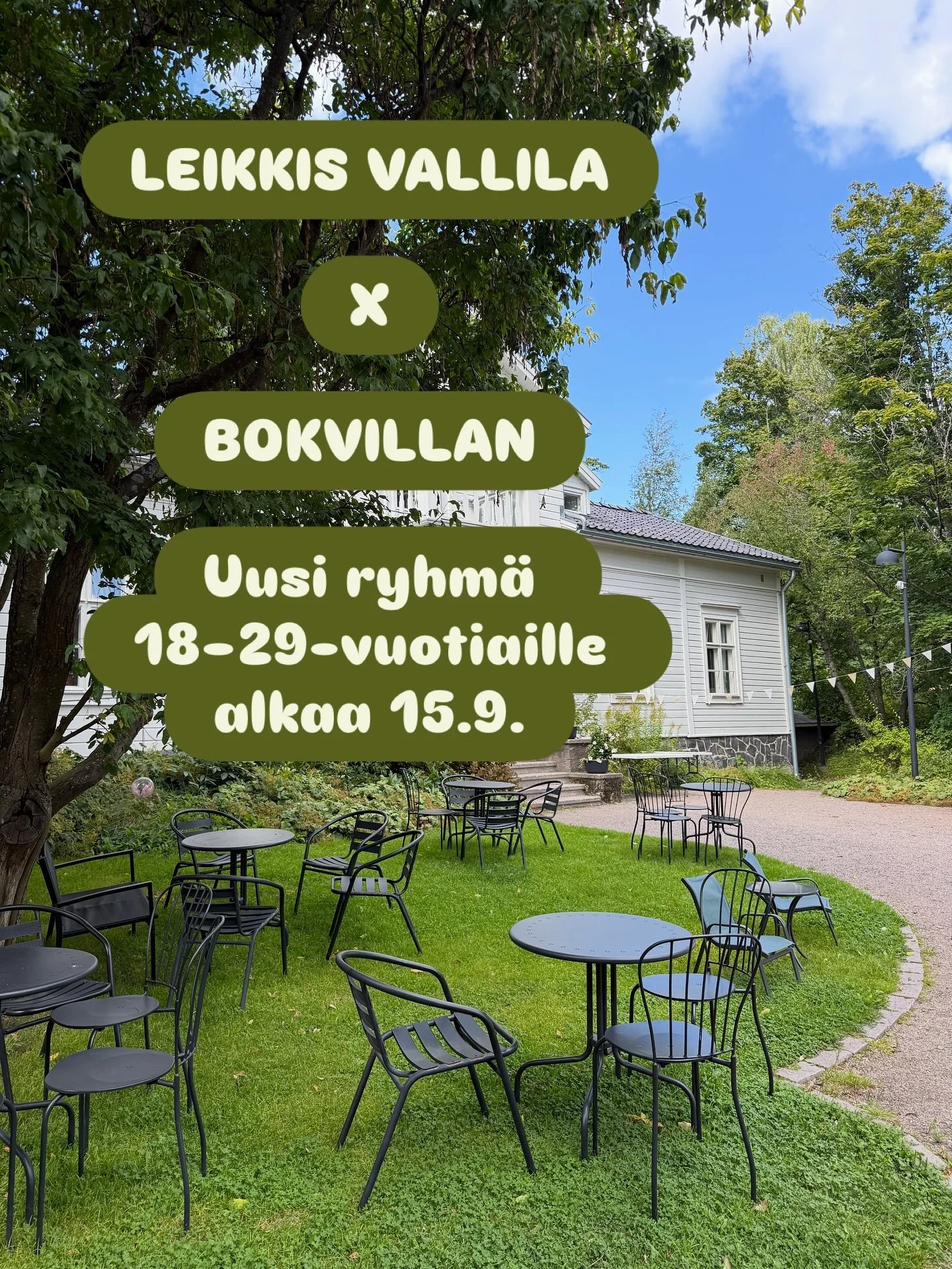 Syyskuun ajan Vallilan Leikkis starttaa ja toimii Bokvillanin huvilassa Arabianrannassa, ihastuttavassa ymp&auml;rist&ouml;ss&auml;. 🌿

Olisiko sun arjessa tilaa uudelle tekemiselle, uusille ihmisille tai paikalle, johon tulla s&auml;&auml;nn&ouml;l