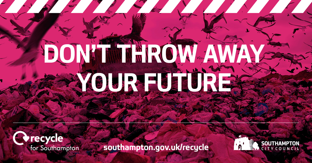 A message encouraging recycling with the text 'Don't throw away your future' over a background of a landfill filled with plastic waste and birds flying overhead.
