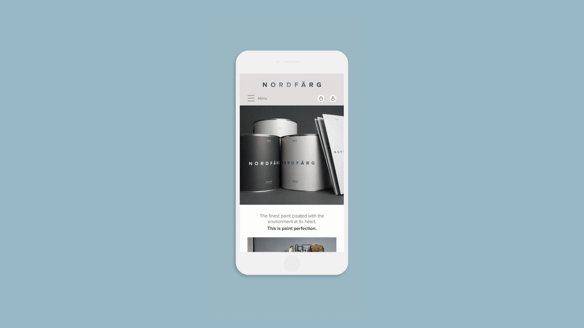 Mobile phone displaying a website for NordFärg, a paint company.