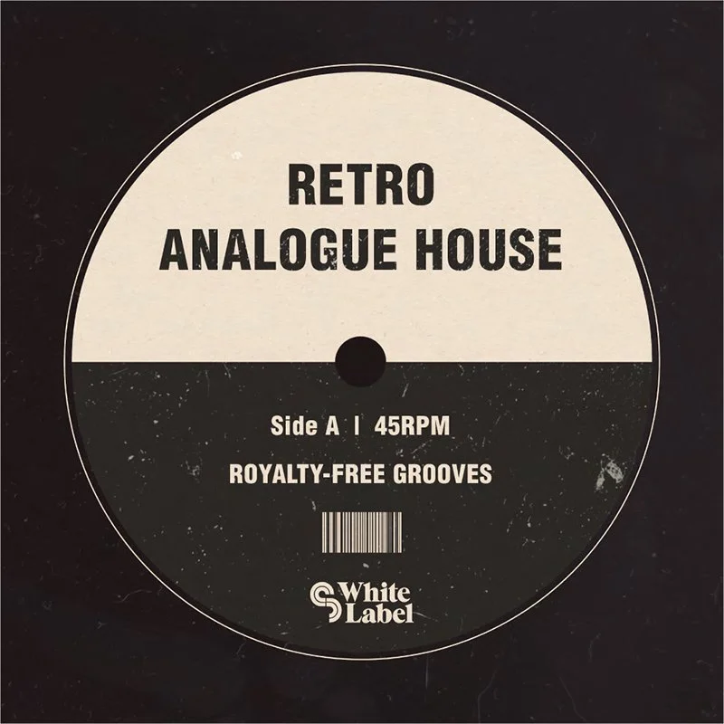 Close-up of a black and white vinyl record label. The text reads 'RETRO ANALOGUE HOUSE,' 'Side A | 45RPM,' 'ROYALTY-FREE GROOVES,' and 'White Label' with a barcode graphic below.