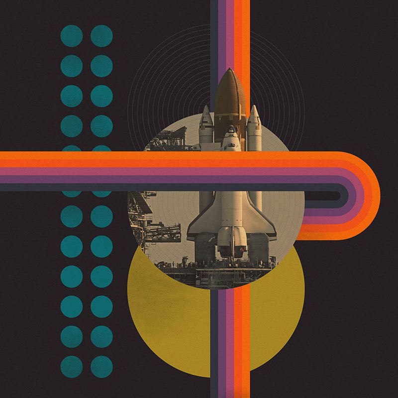 Stylized illustration of a space shuttle on a launch pad with retro-inspired colored lines and circles.