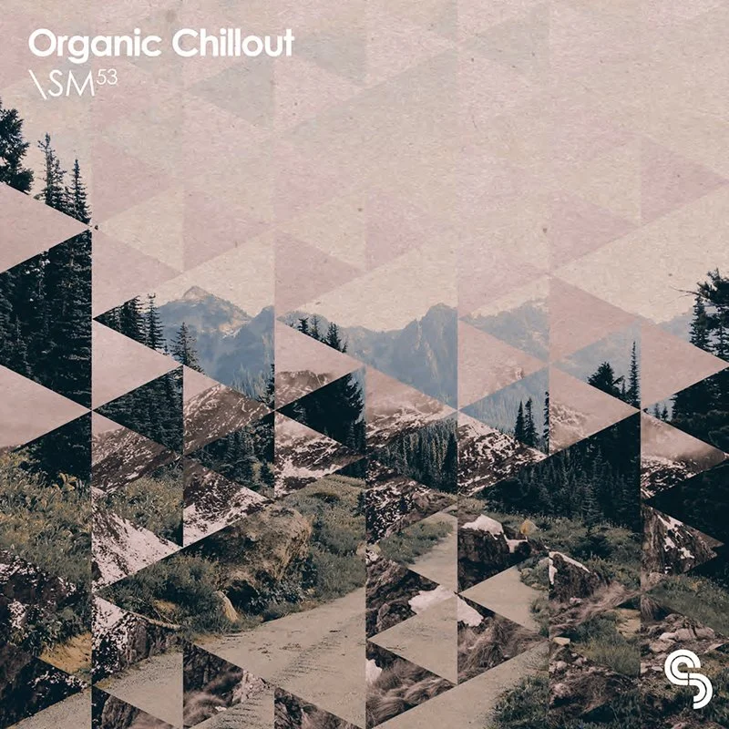 Cover image with mountain landscape, trees, and a dirt trail, overlaid with geometric triangular patterns, promoting 'Organic Chillout' music compilation.