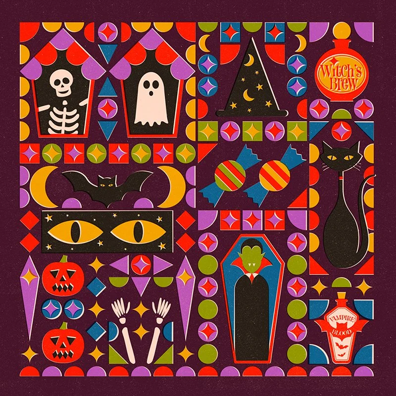 Colorful Halloween-themed illustration featuring a skeleton, ghost, black cat, bat, yellow eyes, a pumpkin, vampire, witch's brew, and candies, with decorative geometric patterns and a dark purple background.