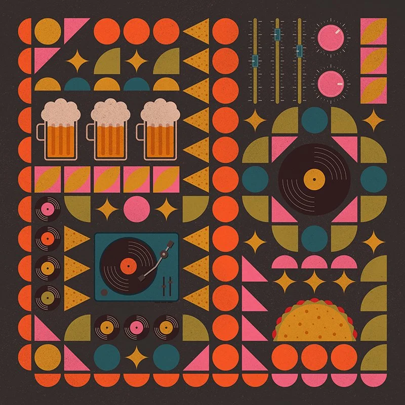 Colorful illustration of a DJ turntable, mixer, and vinyl records surrounded by geometric shapes like circles, triangles, and squares in pink, orange, yellow, green, and blue on a black background.