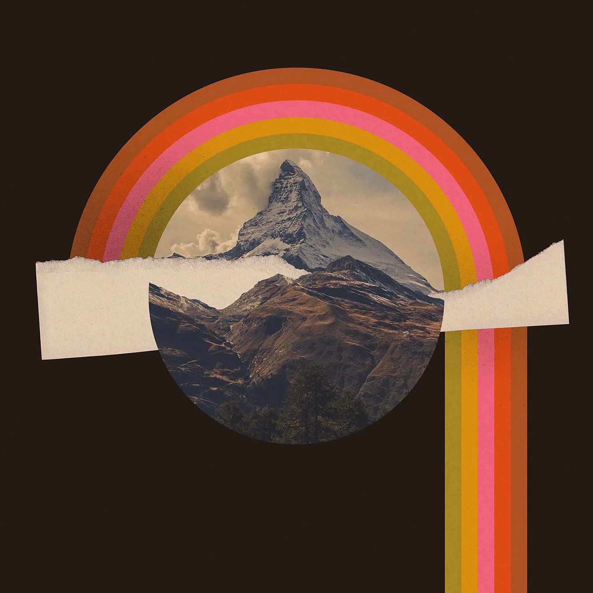 A collage features the Matterhorn mountain with a colorful rainbow overlay and torn paper edges on a black background.
