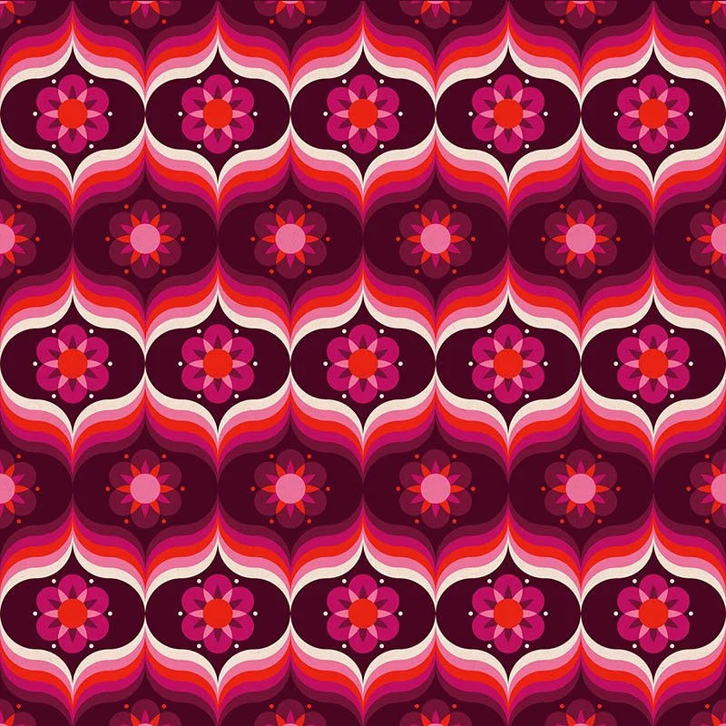 Colorful vintage floral pattern with pink, red, white, and purple flower motifs on a dark background.