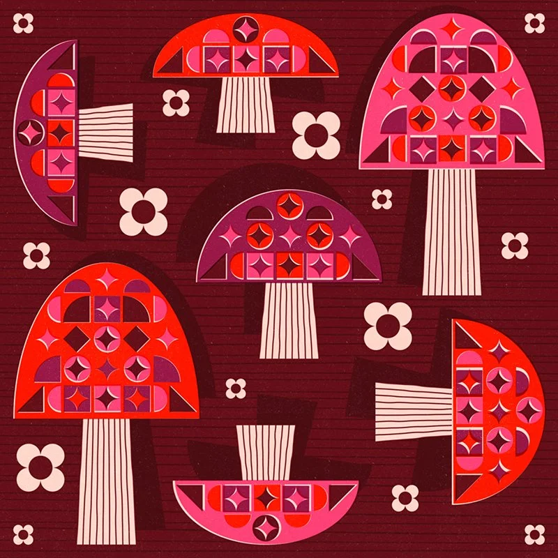 Pattern of stylized mushrooms in various shades of red, pink, and purple with white flower accents on a dark red background.