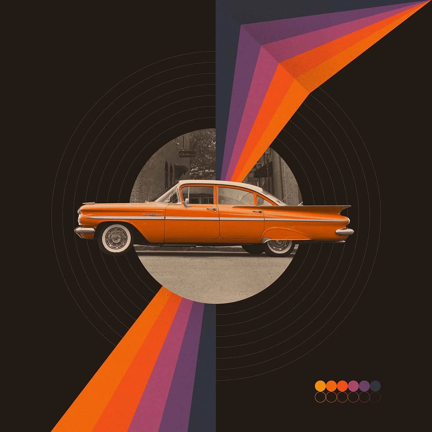 A vintage orange car is centered in the image, with a black background and colorful geometric shapes and lines radiating from the car.