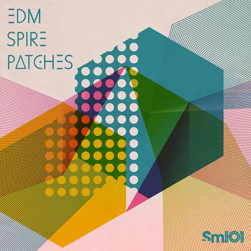 Colorful geometric abstract artwork with a 3D cube and dotted patterns, featuring text 'EDM SPIRE PATCHES'.